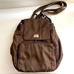 Perlina New York Brown Nylon Mini Backpack. Leather Accents, Storage Pockets